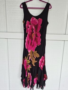 Black Midi Dress Beaded Pink Floral Motif 16W Eva Blue Plus Hankerchief Hem